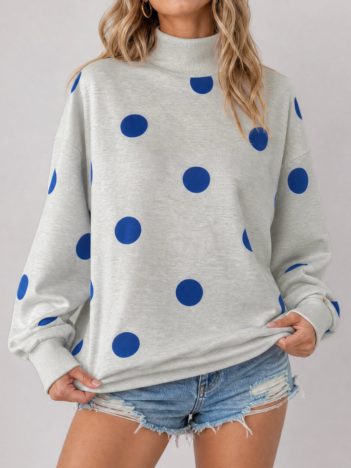 Mock Neck Long Sleeve Polka Dot Sweatshirts - Fisoew