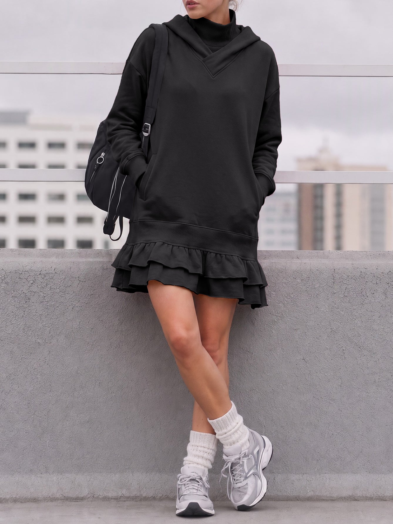 Turtleneck Hoodie Sweatshirt Mini Dresses - Fisoew