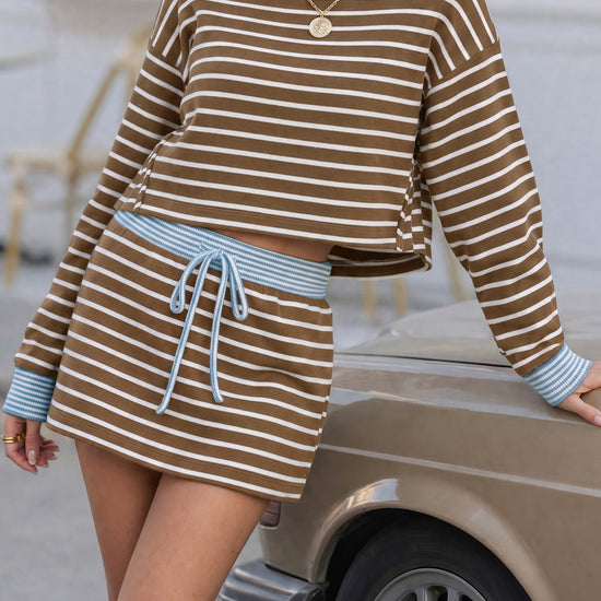Striped Long Sleeve Crop Tops With Skort Sets - Fisoew
