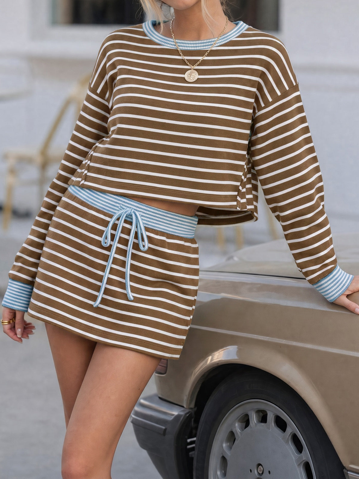Striped Long Sleeve Crop Tops With Skort Sets - Fisoew