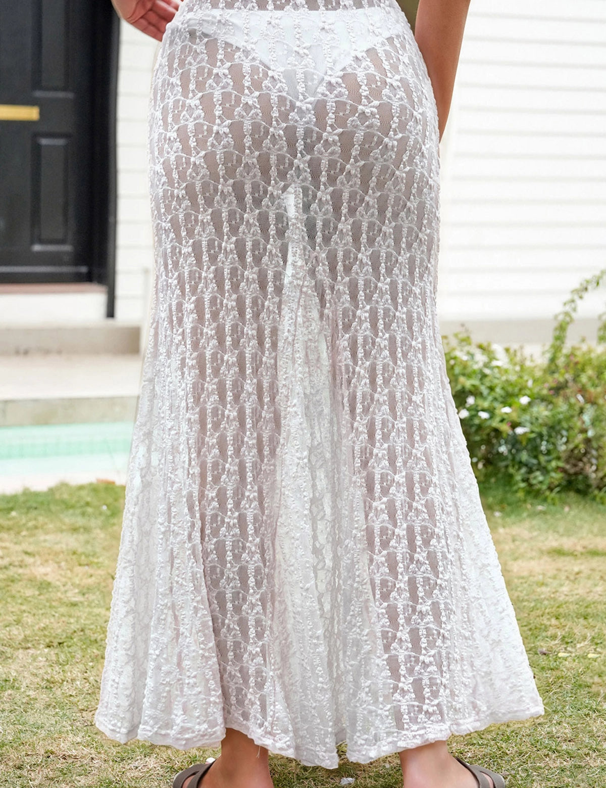 Fisoew Women's White High Waist  A Line Lace Maxi Skirt - Fisoew
