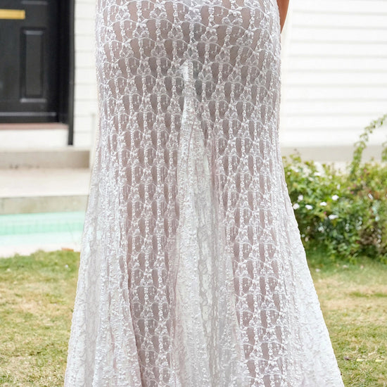 Fisoew Women's White High Waist  A Line Lace Maxi Skirt - Fisoew
