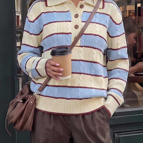 Colorblock Striped Half Button Pullovers - Fisoew