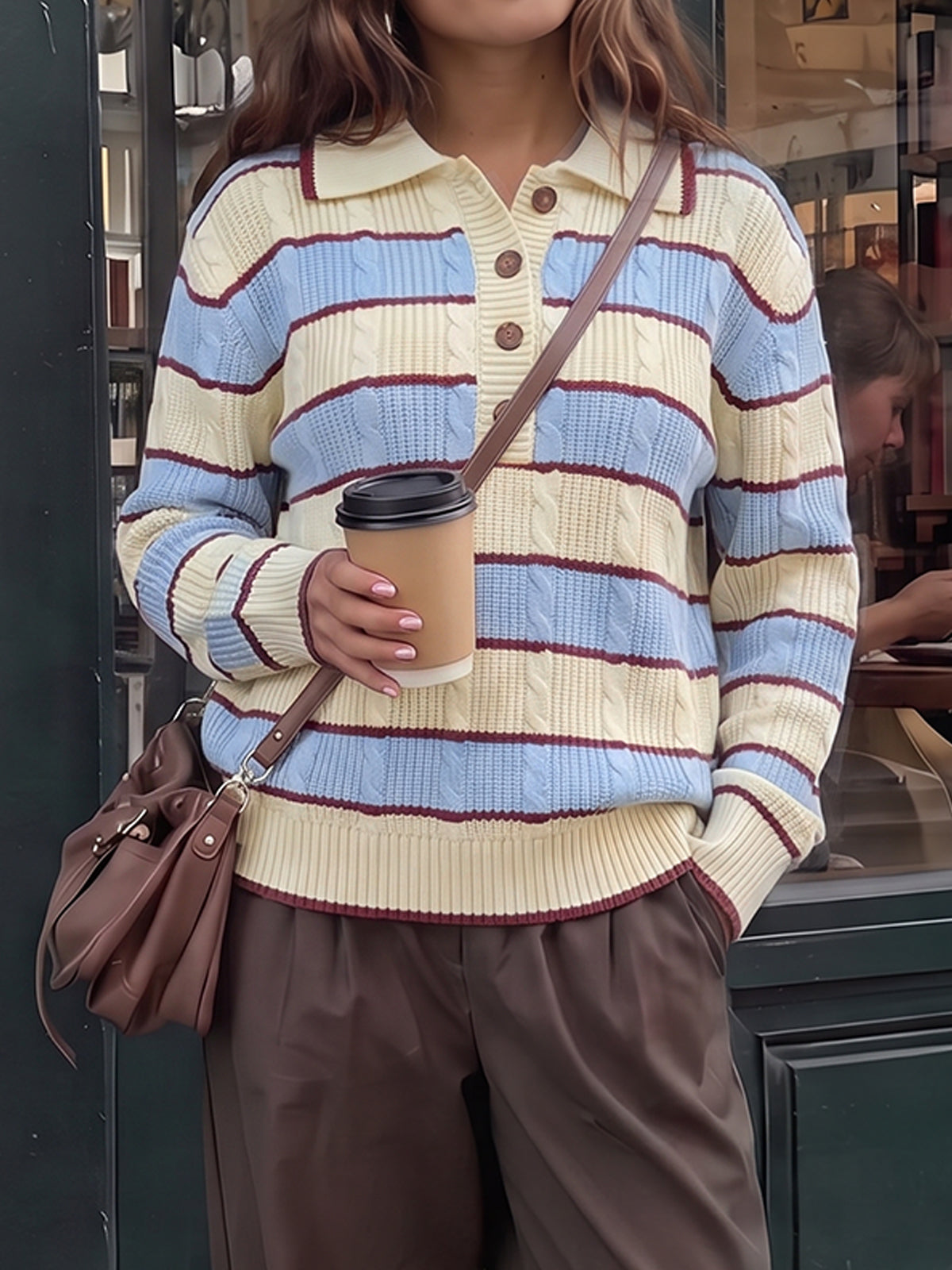 Colorblock Striped Half Button Pullovers - Fisoew