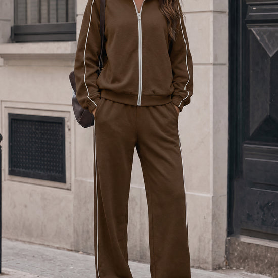 Zip-Up Jacket With Wide-Leg Tracksuit Sets - Fisoew