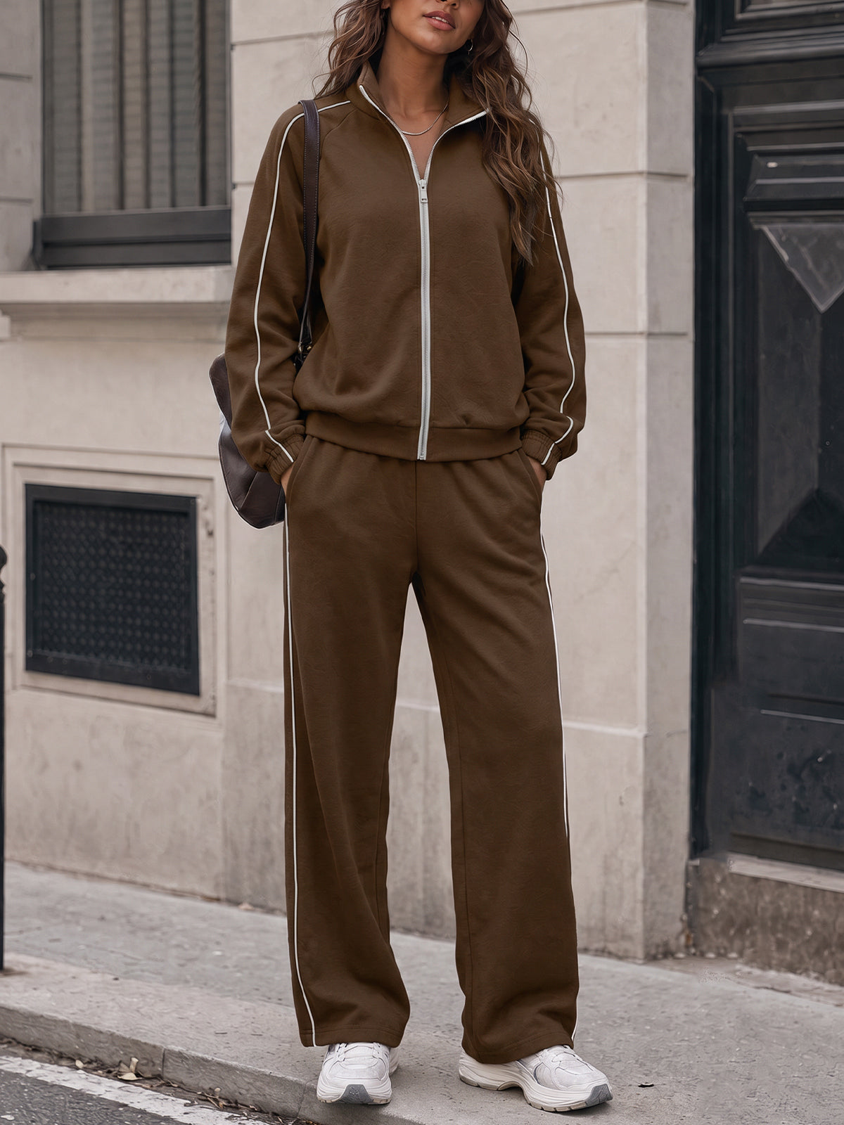 Zip-Up Jacket With Wide-Leg Tracksuit Sets - Fisoew