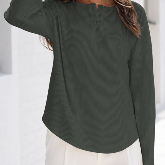 Solid Ribbed Knit Henley Shirts - Fisoew
