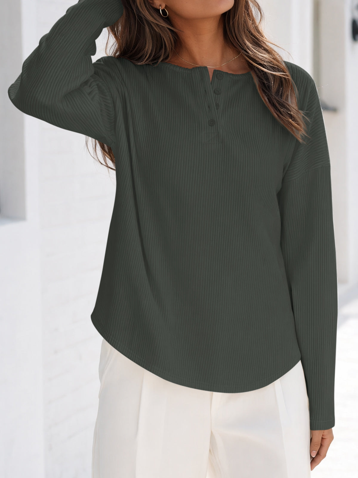 Solid Ribbed Knit Henley Shirts - Fisoew