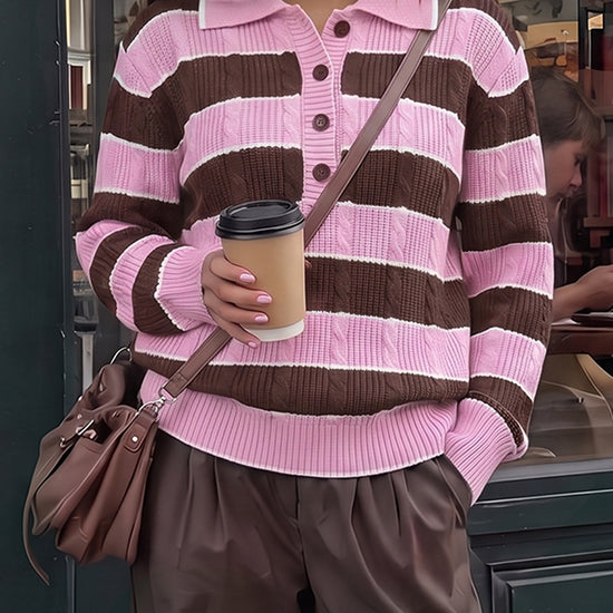 Colorblock Striped Half Button Pullovers - Fisoew