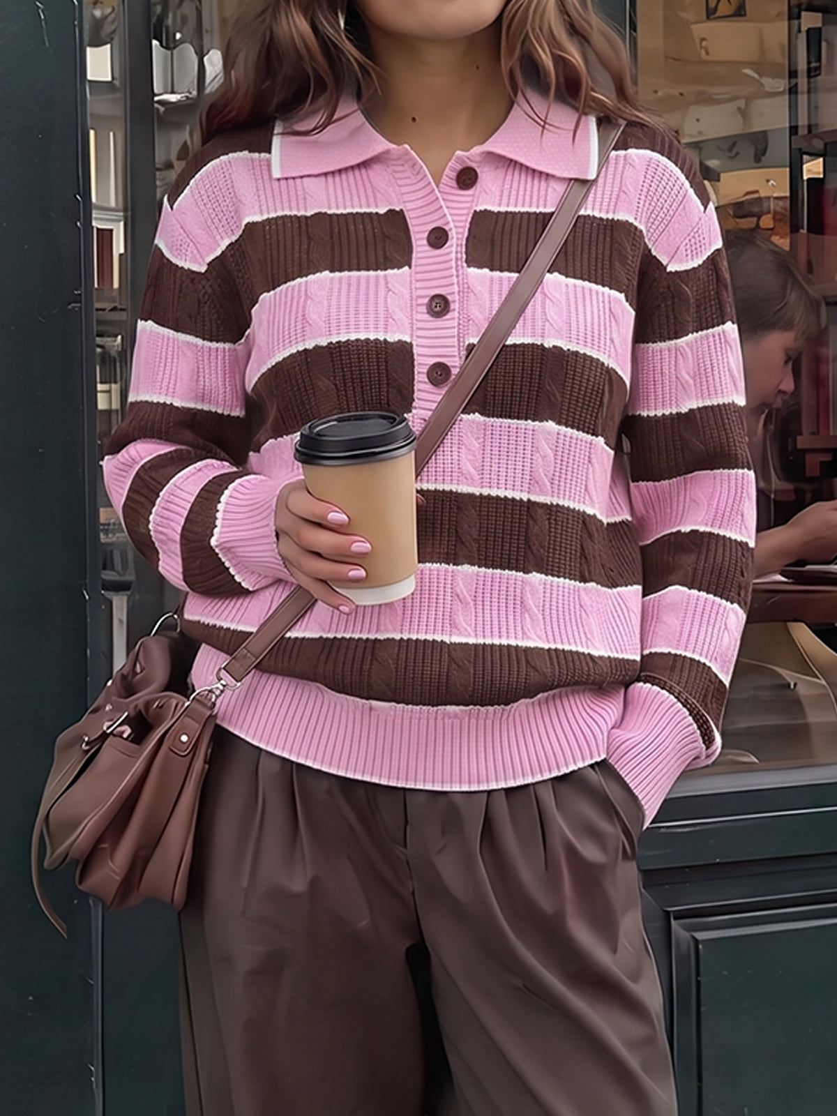 Colorblock Striped Half Button Pullovers - Fisoew