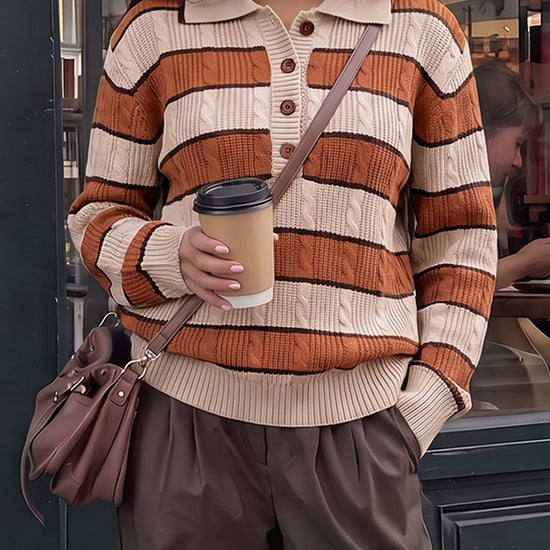 Colorblock Striped Half Button Pullovers - Fisoew