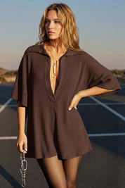 Fisoew Women's Brown Oversized Deep V Neck Sweatshirts