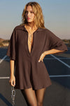 Fisoew Women's Brown Oversized Deep V Neck Sweatshirts - Fisoew