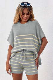 Fisoew Women's Light Grey Striped Oversized Lounge Short Sets - Fisoew