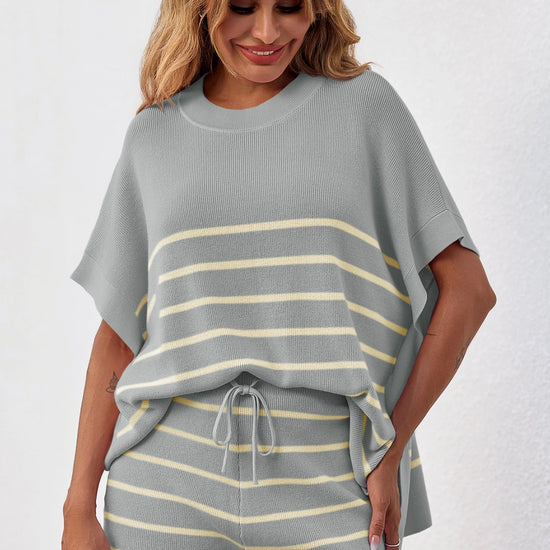 Fisoew Women's Light Grey Striped Oversized Lounge Short Sets - Fisoew