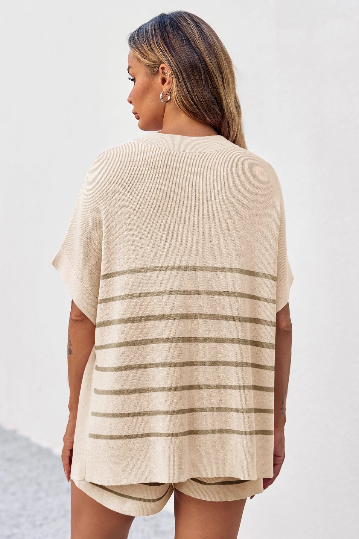 Fisoew Women's Apricot Striped Oversized Lounge Short Sets - Fisoew