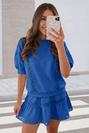 Womens Dark Blue Lace Trim Puff Sleeve Two Piece Skirt Set Fisoew - Fisoew