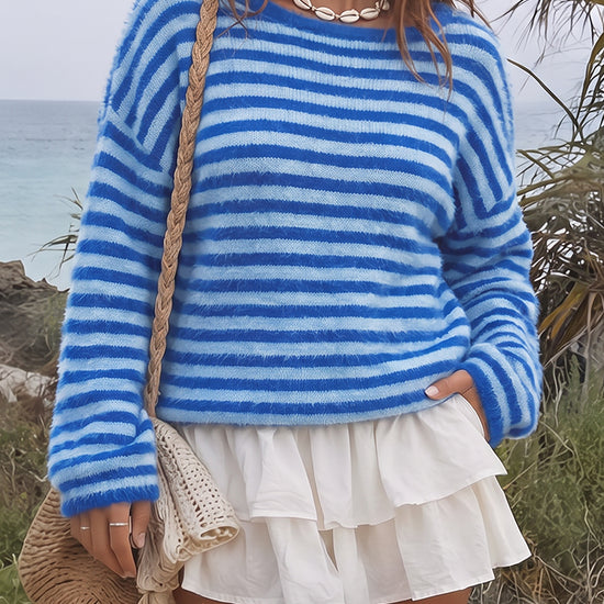 Off Shoulder Striped Knit Pullover - Fisoew