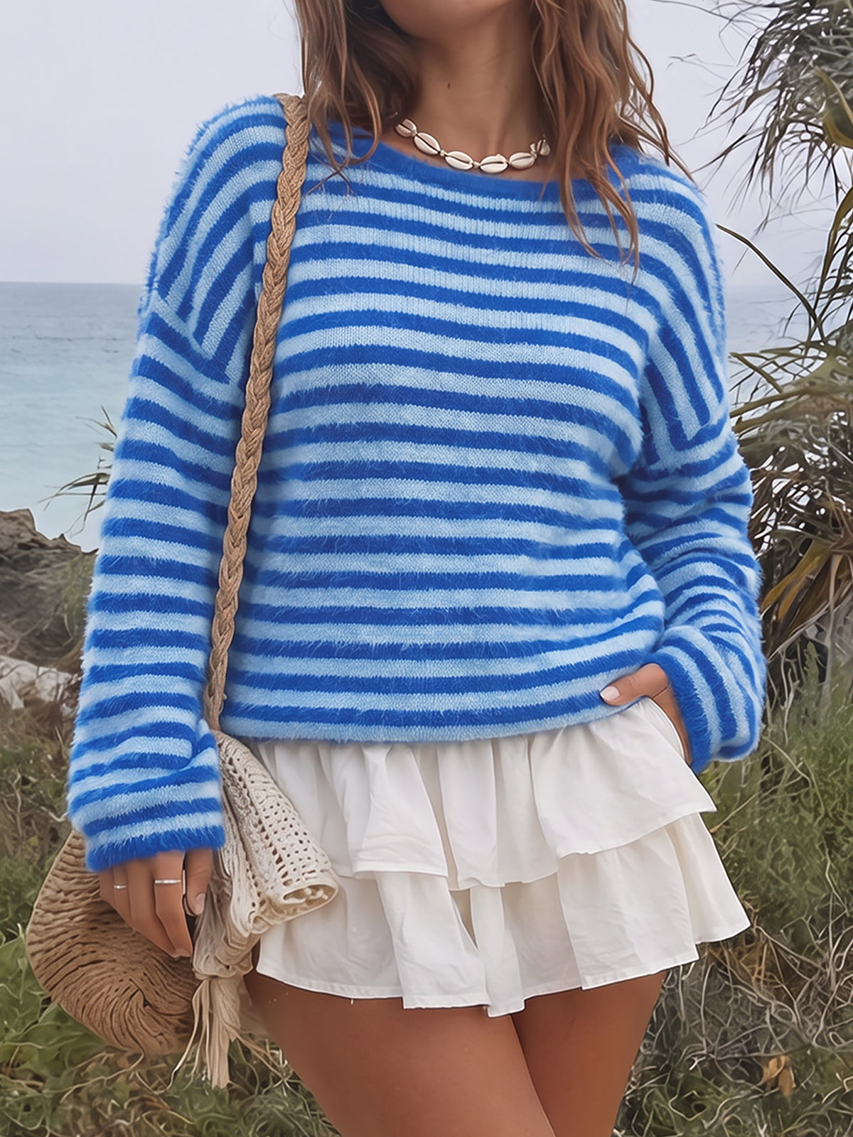 Off Shoulder Striped Knit Pullover - Fisoew