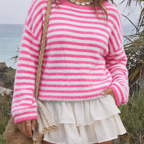 Off Shoulder Striped Knit Pullover - Fisoew
