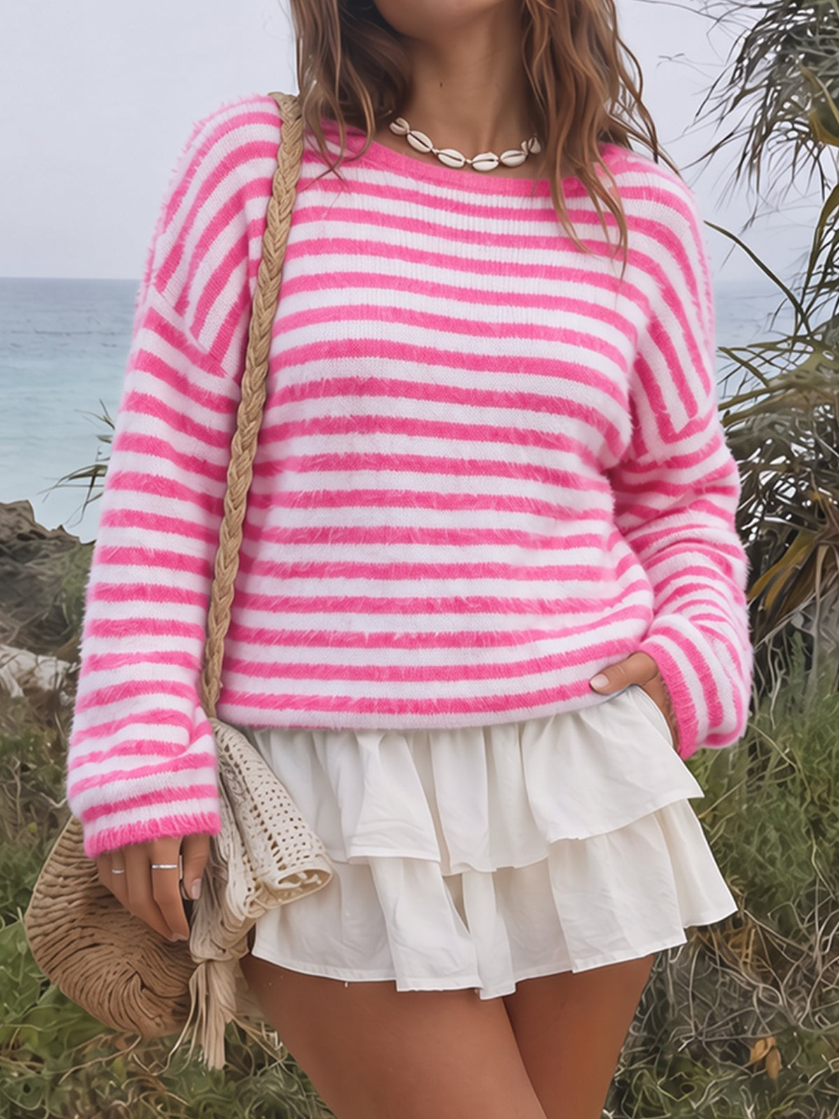 Off Shoulder Striped Knit Pullover - Fisoew