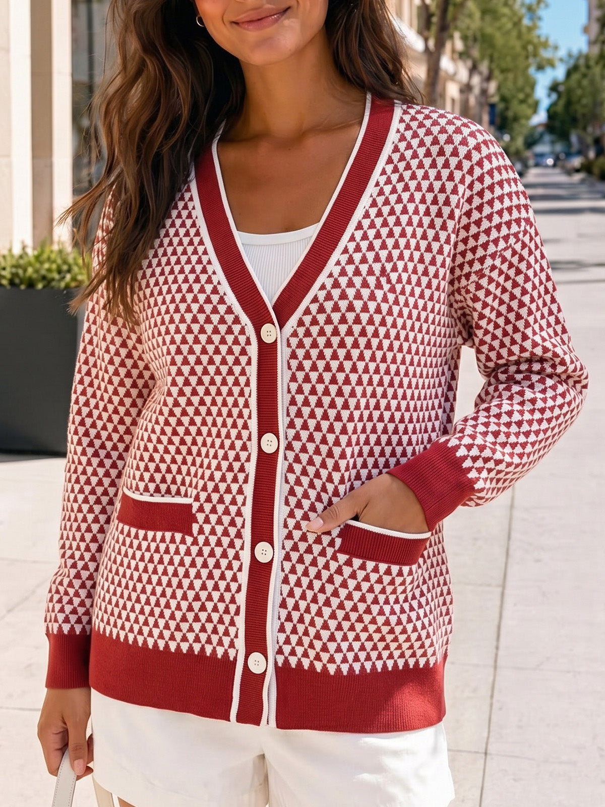 V Neck Button Knit Cardigan - Fisoew