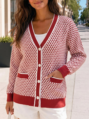V Neck Button Knit Cardigan - Fisoew