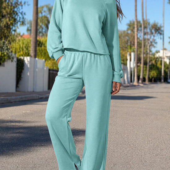 Off-Shoulder Crop Top With Wide-Leg Pants Set - Fisoew