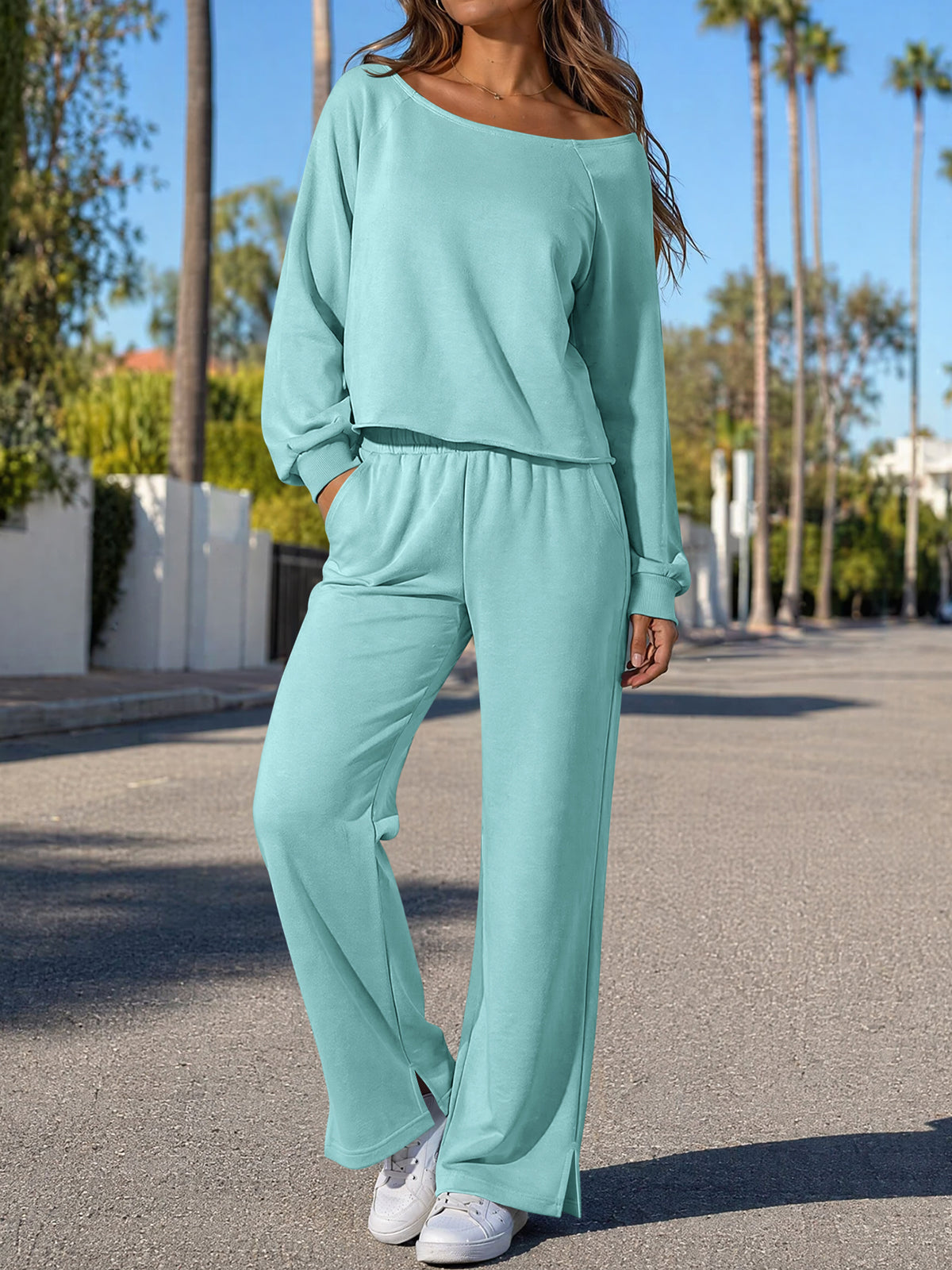 Off-Shoulder Crop Top With Wide-Leg Pants Set - Fisoew