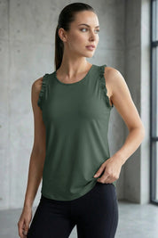 Fisoew Women's Army Green Ruffle Sleeveless  Black Racerback Workout Tank Tops - Fisoew