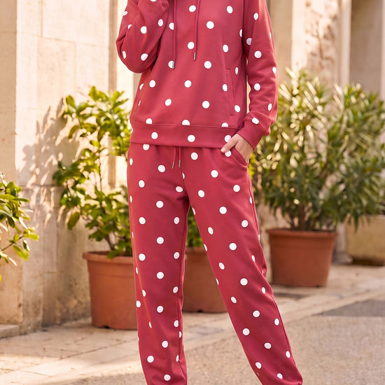 Polka Dot Long Sleeve Hooded With Jogger Pants Sets - Fisoew