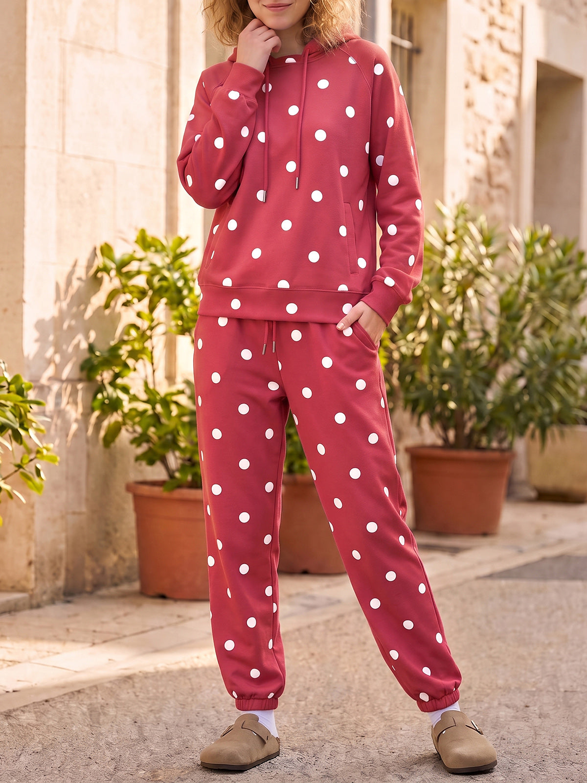 Polka Dot Long Sleeve Hooded With Jogger Pants Sets - Fisoew