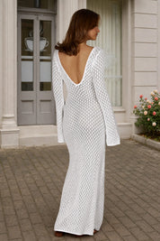 Fisoew Women's White Long Sleeve Sexy Bodycon Summer Knit Dresses - Fisoew