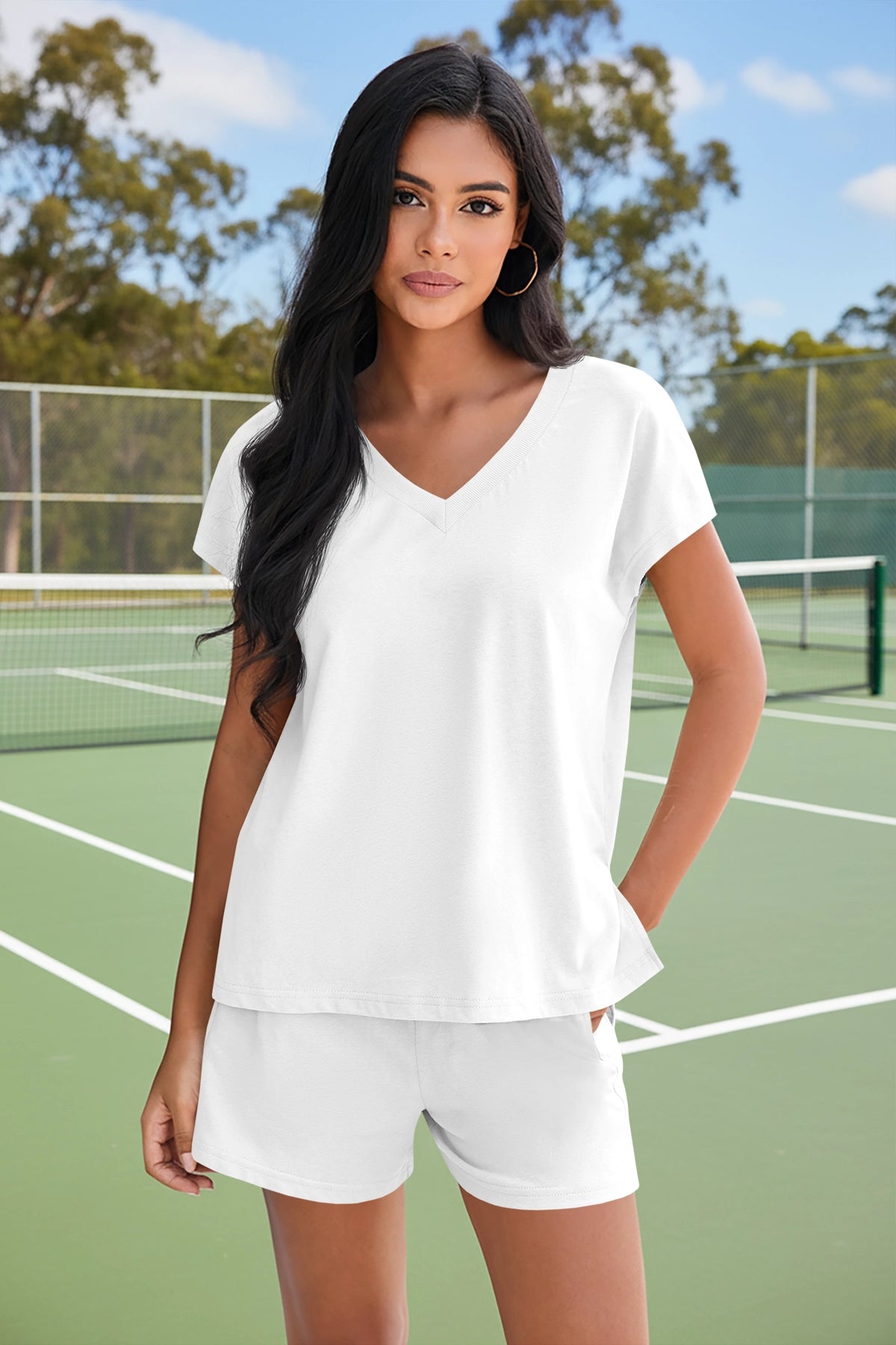 Fisoew Women's White V Neck 2 Piece Casual Outfits - Fisoew