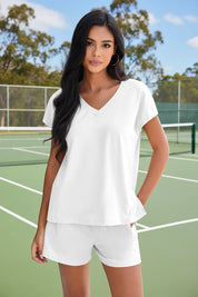 Fisoew Women's White V Neck 2 Piece Casual Outfits - Fisoew