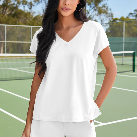 Fisoew Women's White V Neck 2 Piece Casual Outfits - Fisoew