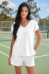 Fisoew Women's White V Neck 2 Piece Casual Outfits - Fisoew