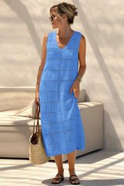 Fisoew Women's Light Blue Boho Knit Sleeveless Dress - Fisoew