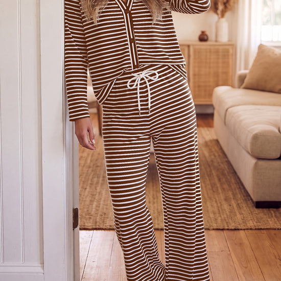 Striped Cardigan With Drawstring Pant Sets - Fisoew