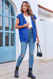 Fisoew Women's Navy Blue Sleeveless Zip Up Hoodies - Fisoew