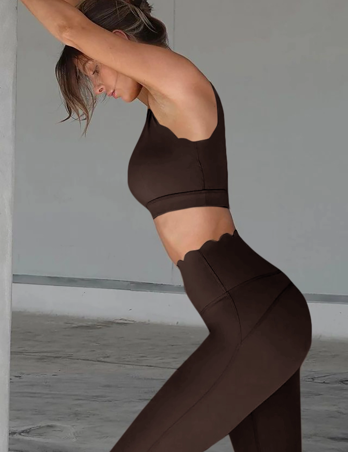 Fisoew Women's Brown High Waisted Leggings Workout Sets - Fisoew