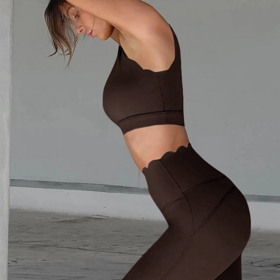 Fisoew Women's Brown High Waisted Leggings Workout Sets - Fisoew