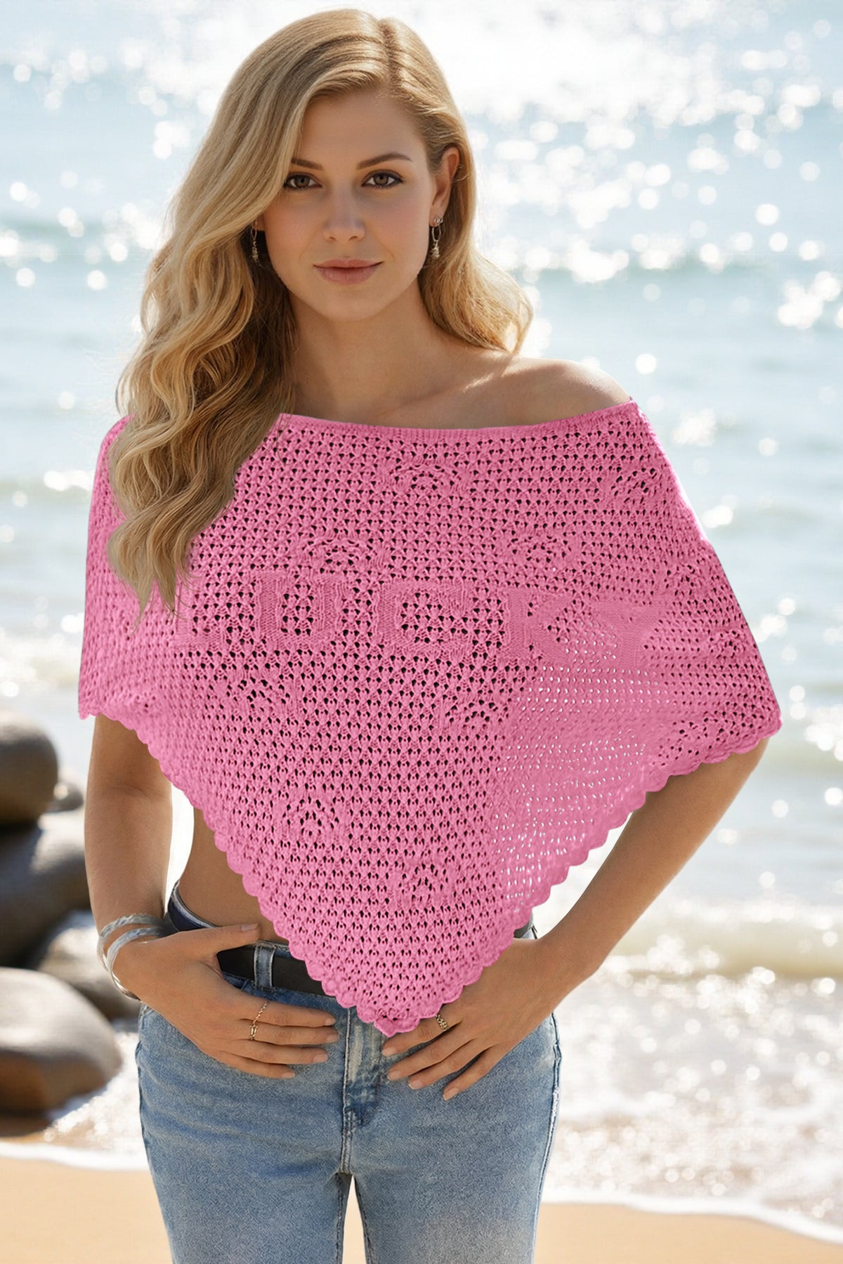Fisoew Women's Pink Sheer Shawl Boho Crochet Cover Ups - Fisoew