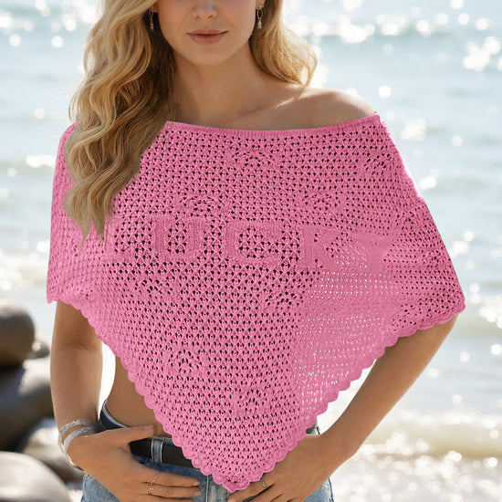 Fisoew Women's Pink Sheer Shawl Boho Crochet Cover Ups - Fisoew