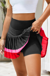 Fisoew Women's Black High Waisted Athletic Color Block Pleated Skirts - Fisoew
