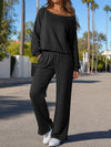 Off-Shoulder Crop Top With Wide-Leg Pants Set - Fisoew