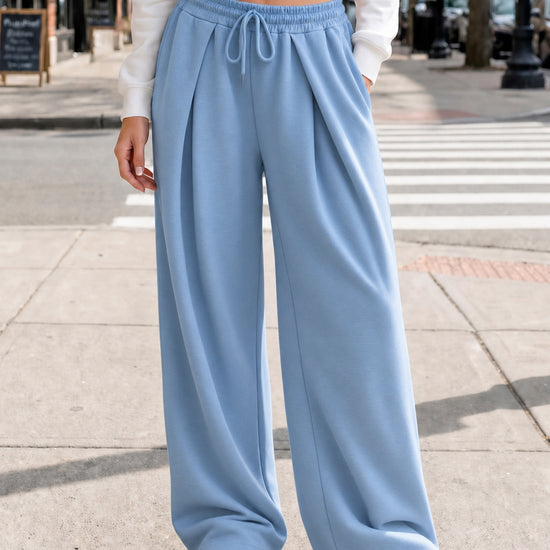 Solid Wide Leg High Waist Pants - Fisoew