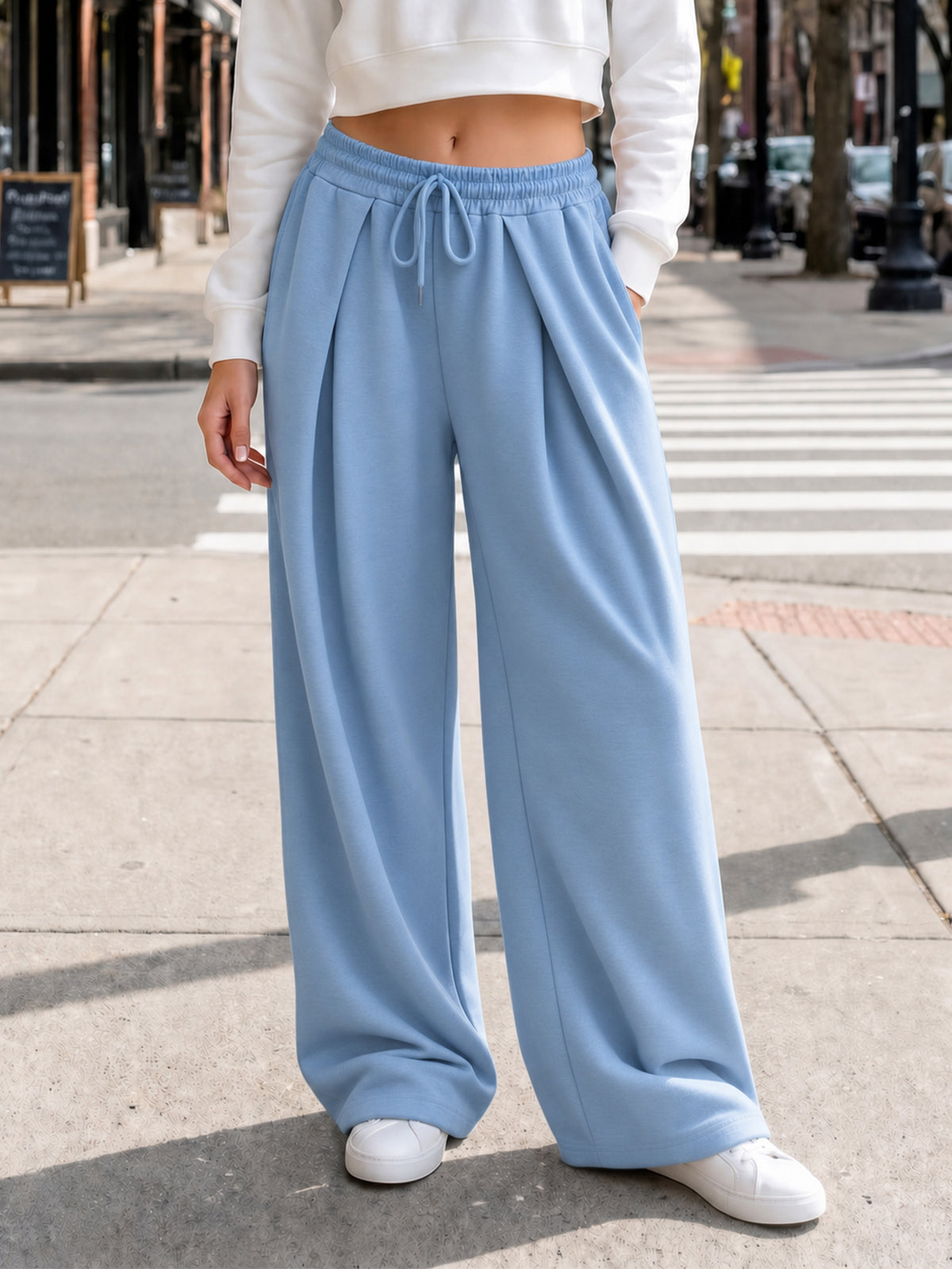 Solid Wide Leg High Waist Pants - Fisoew
