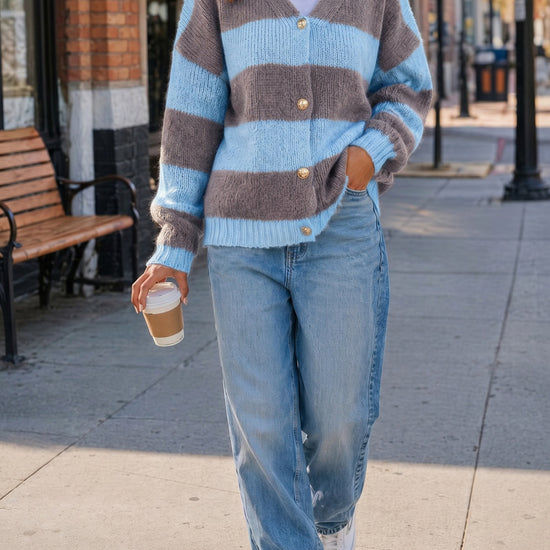 Striped Open Front Button Up Cardigans - Fisoew