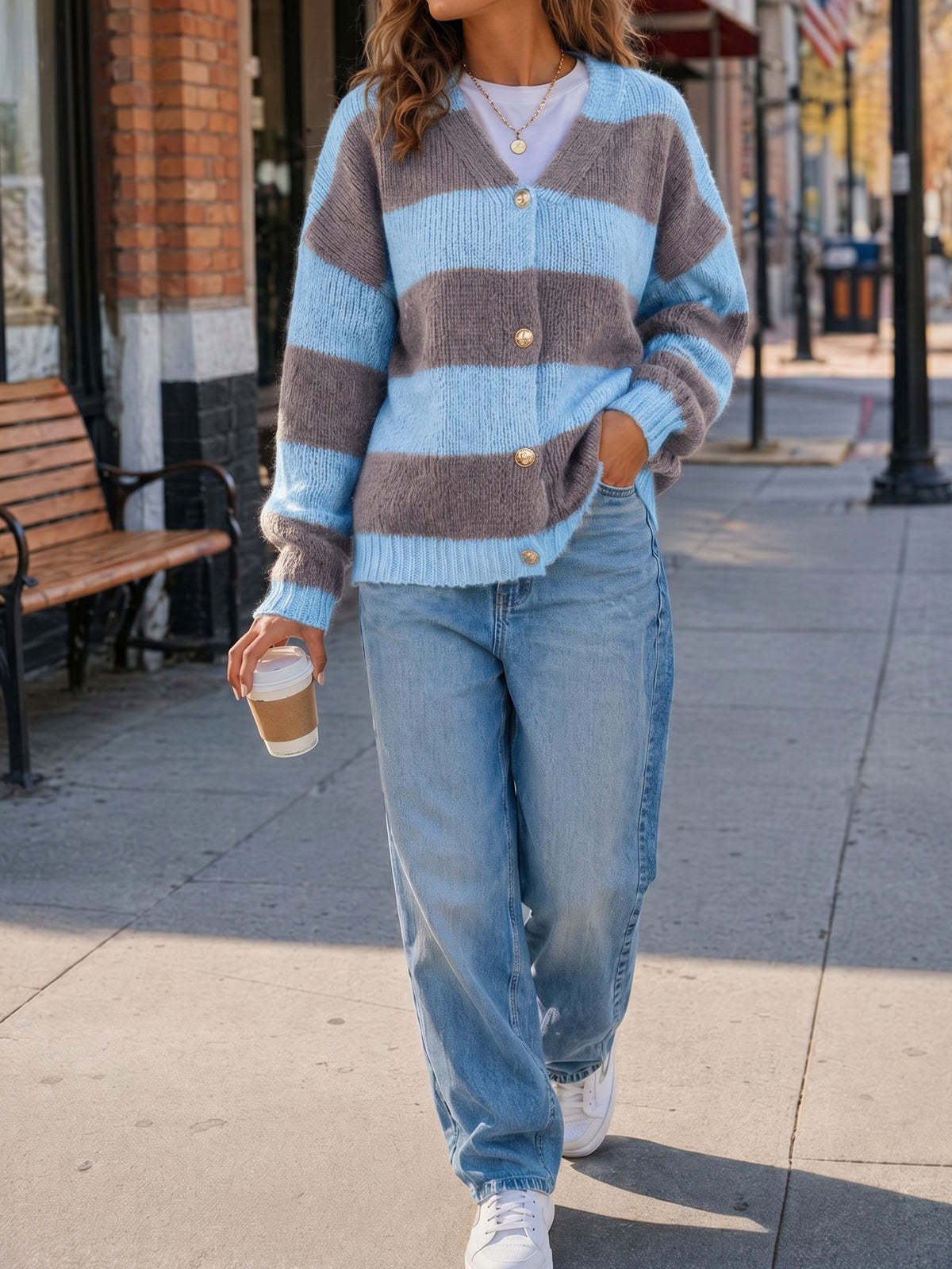 Striped Open Front Button Up Cardigans - Fisoew